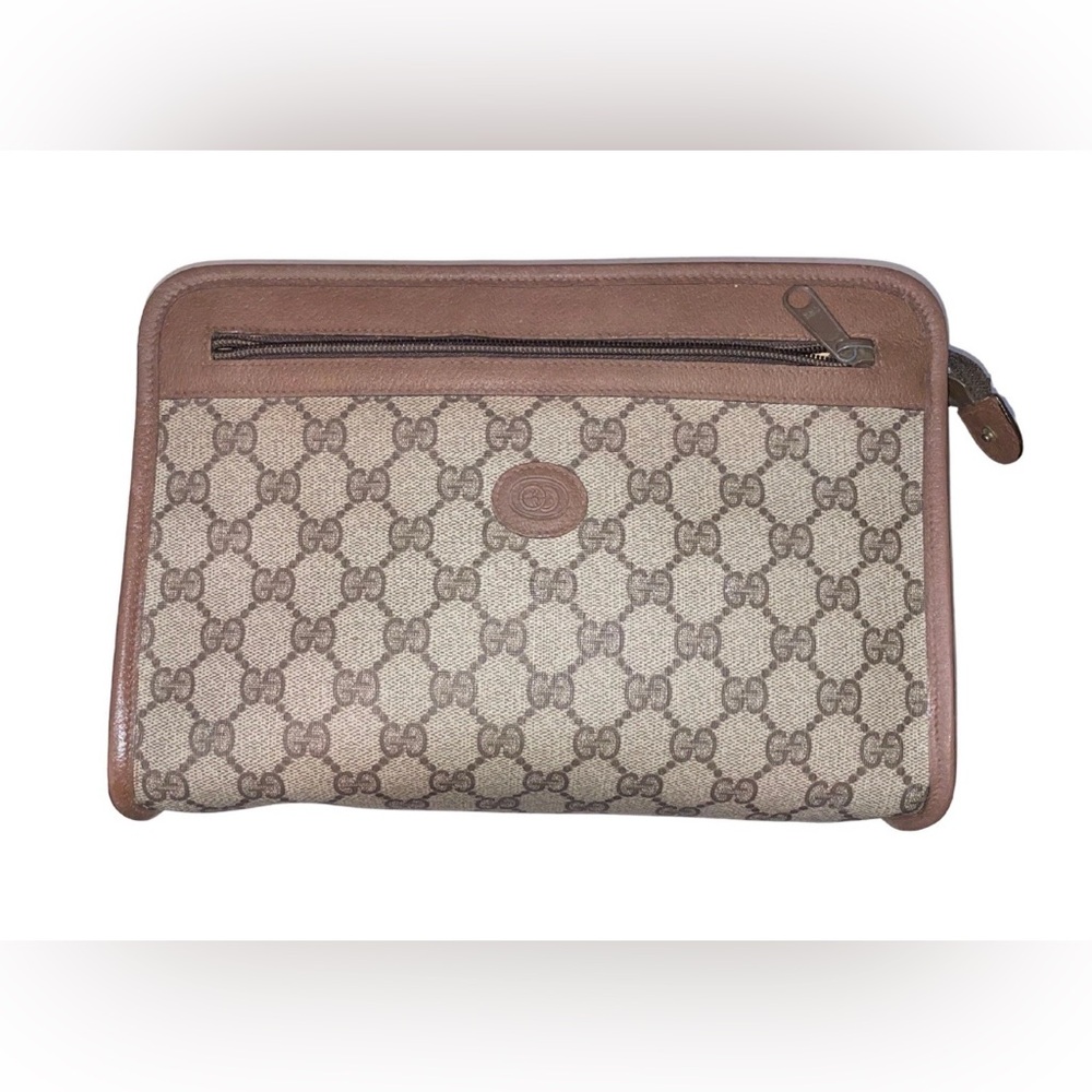 Authentic Vintage Gucci Clutch/Pouch, GG monogram, English Tan Trim